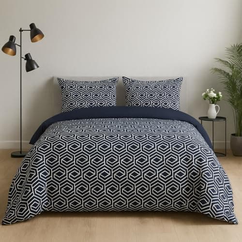 Image of Lions Duvet Cover Set Double Bed Size - 100% Polyester Reversible Printed Pattern Quilt Bedding Set with Pillowcase, Soft Geometric Pattern, Navy Blue, 200x200cm