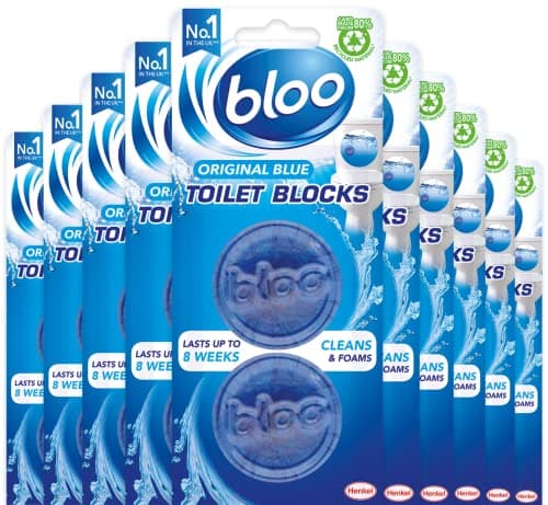 Image of Bloo In Cistern Twin Blocks Blue Original with Long Lasting Anti-Limescale Cleaning, Foaming & Blue Water 10 x 2 Pack