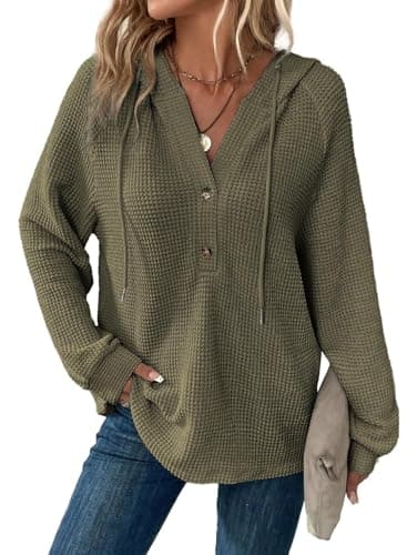 Image of Dokotoo Women's Hoodies Waffle Knit Drawstring Button Womens Pullover Sweatshirt V Neck Long Sleeve Jumpers Women Hooded Tops Plain Casual Ladies Hoodie Top Jungle Green M
