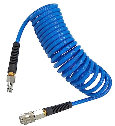 Image of YOTOO Air Compressor Hose Polyurethane Recoil 5m Long 6mm ID x 9.5mm OD air Hose with Bend Restrictor, 1/4" Europe Quick Coupler and Plug, Blue