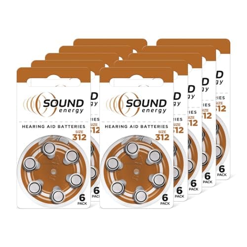 Image of Energizer Sound Energy - Hearing Aid Batteries Size 312 (60 Pack) – Long Lasting Zinc Air Power - Easy Installation - Mercury & Cadmium Free - Made in UK - 4 Year Shelf Life [Amazon Exclusive]
