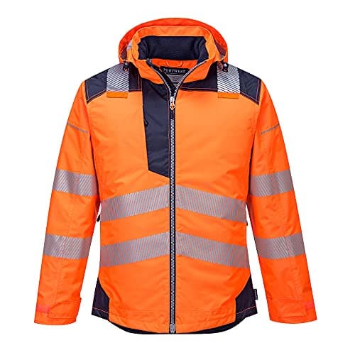 Image of Portwest PW3 T400 Mens Hi Vis Hooded Work Jacket Waterproof Lightweight Quilt Lined Thermal Winter Safety Coat 300D Oxford Reflective Tape for Construction Rail Utility, Orange/Navy, XL