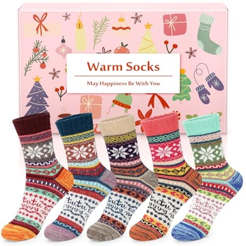 Image of Airabc Christmas Gifts for Women, Thermal Winter Women Socks 5 Pairs Wool Warm Knitting Ladies Socks Soft Cotton Thick Bed Sock for Home Outdoors, Gifts for Her Wife Presents for Teenages Girls