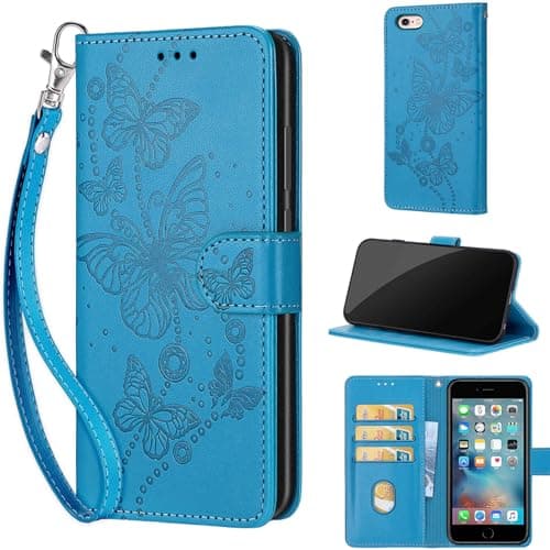 Image of for iPhone 6 / 6S Case, Embossed Premium PU Leather Folio Flip Notebook Wallet Cover Compatible with iPhone 6 / 6S Phone Case [Magnet Closure][Kickstand][Card Slots], Blue Butterfly
