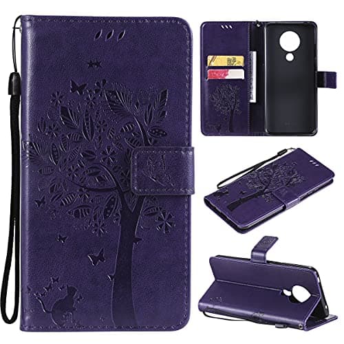 Image of LMFULM® Case for Nokia 5.3 (6.55 Inch) PU Leather Cover Magnetic Wallet Case Phone Protective Case Embossing Tree and Cat Stent Function Flip Case Purple