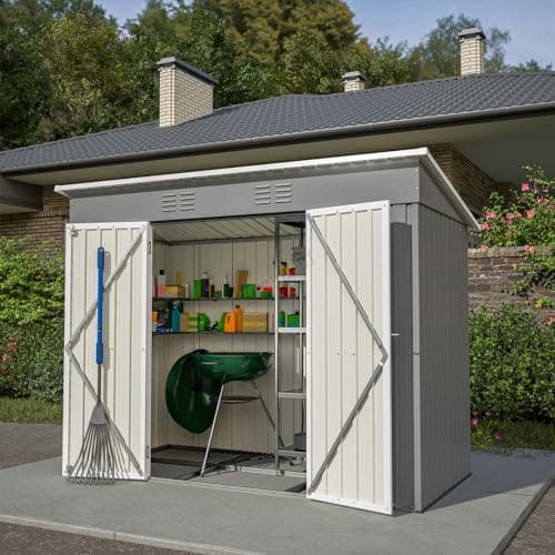 Image of BIRCHTREE Garden Shed Metal Pent Roof 4FT X 8FT Outdoor Storage With Free Foundation Grey and White