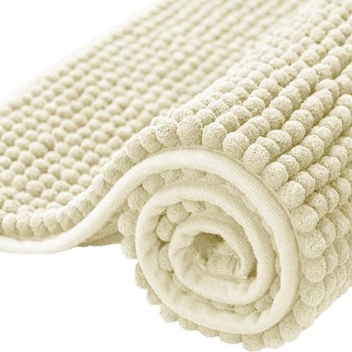 Image of BedLooms Bath Mat Non Slip Anti Mould 40 x 60 cm – Cream Chenille Bathroom Mat Extra Soft & Fluffy Bathmat Machine Washable Super Water Absorption Shower Mat