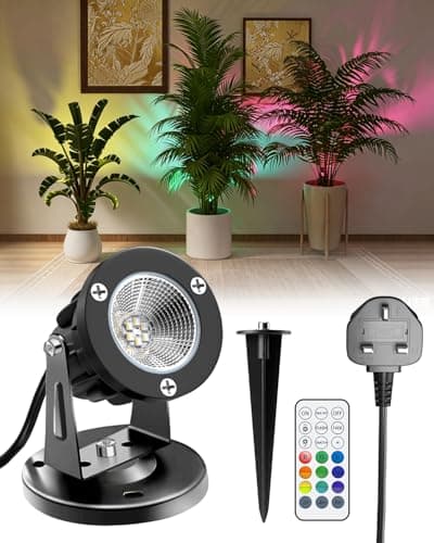 Image of TobeBright RGB LED Spot Lights with Remote Control, Plant Uplighter Indoor & Outdoor IP65 Water Resistant, 16 Colour Changing Mains Powered Plug in Spotlight with Base and Stake, 1.78m Cord, 6W