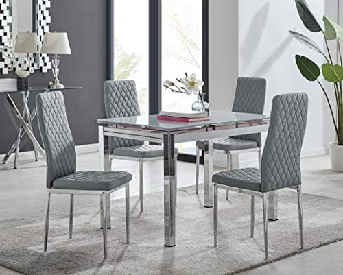 Image of Furniturebox UK Enna White Tinted Glass Extending Dining Table and 4 Grey Diamond Quilted Silver Leg Milan Chairs in Faux Leather. Modern Dining Set