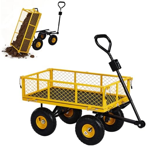 Image of Outopee Pourable Mesh Steel Garden Cart, Heavy Duty 880lbs / 350 kg Capacity Garden Trolley, Folding Gardeners Wagon with Utility Liner, Removable Sides for Outdoors, Tools, Plants, Yellow