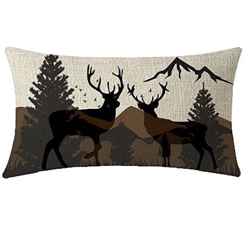 Image of ITFRO Hand-Painted Oil Painting Rustic Forest Wildlife Deer Pine Tree Waist Lumbar Cotton Linen Throw Pillow Case Cushion Cover Long Oblong 12x20 inches (Brown)