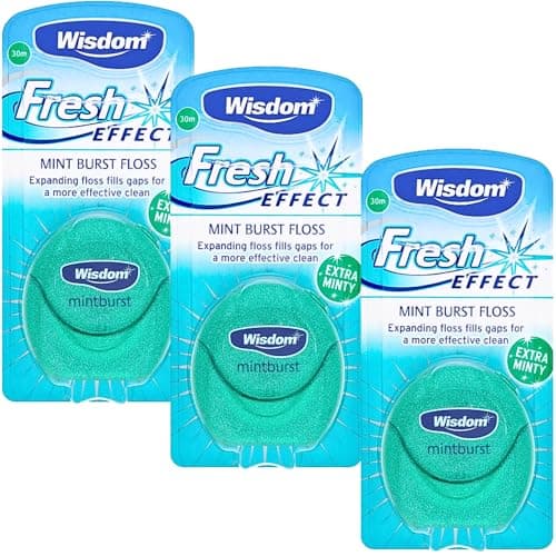 Image of Wisdom Fresh Effect Dental Floss - Pack of 3 x 30m | Mint Flavoured Expanding Waxed Floss for Plaque Removal & Gum Health | Shred-Resistant Teeth Cleaning Floss for Tight Spaces