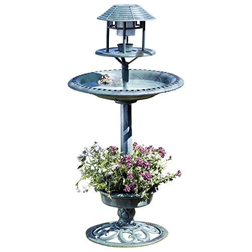 Image of Happy Beaks Garden Bird Bath Feeding Station Hotel with Planter & Solar Light (Verdigris)