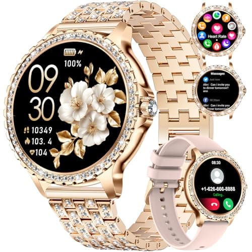 Image of LIGE Women's Smart Watch 1.32" HD Elegant Diamond Bluetooth Phone Calls for Android iOS Ladies Smartwatch Round Dial 100+ Sport Fitness Tracker, Heart Rate Sleep Monitor,2 Watch Straps,Gold