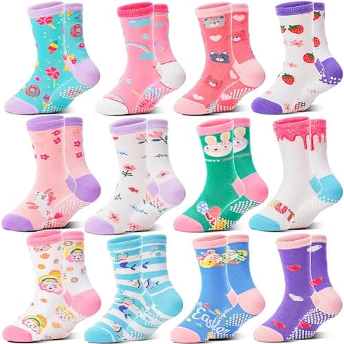Image of Welwoos Baby Girls Toddlers Grips Socks Non Slip Anti Skid Funny Animal Cartoon Cosy Crew Cotton Gifts Socks 12 Pairs Stocking Fillers(Colorful Flowers,5-8 Years)