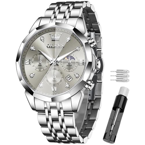 Image of OLEVS Men's Watch - Multifunctional Chronograph with 4 Subdials,Luminous Hands,Date,3ATM Waterproof,Stainless Steel Band,Quartz Business Dress Watch (H3670- Silver Strap with Grey dial)