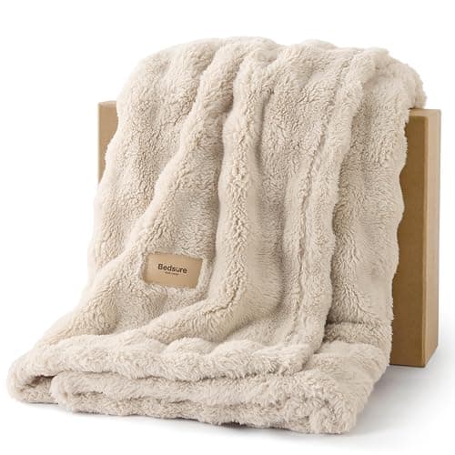 Image of Bedsure Cosy Bubble Fleece Blanket - Soft Plush Throw Blanket for Adults, Lightweight & Warm, Beige, 130x170 cm for Sofa Throw, Bed, Gift Idea