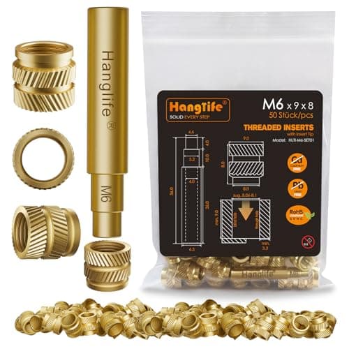 Image of HANGLIFE M6 Heat-Set Threaded Inserts with Insert Tip, Heat Set Insert for 3D Printing Components and Plastic Parts with Soldering Iron Press Tool - Brass Metric Knurled Nuts (50 Pieces)