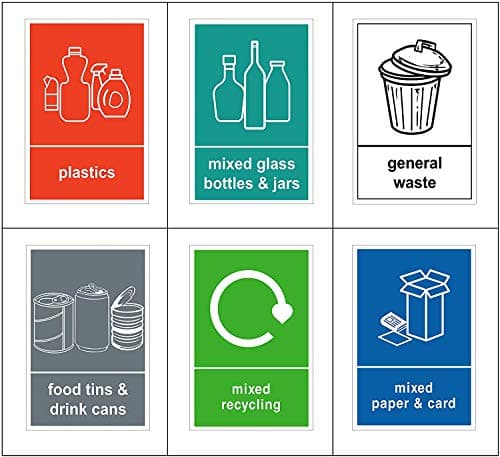 Image of Mixed Pack of 6 Multi Recycling Stickers for Bin (A6-100 x 150mm) Waterproof Recycling Bin Stickers Waste Bins, Food, Plastics, Mixed Paper and Card, Glass and General Waste Sara Prints®
