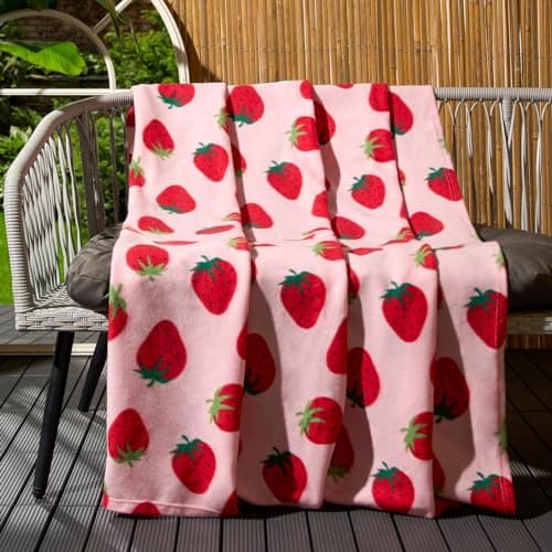 Image of OHS Fleece Throw Blanket Strawberry Print, Pink Garden Blanket Lightweight Decorative Sofa Bed Picnic Blanket Throw Over Chairs Soft Warm Cosy Travel Throws, 120 x 150cm