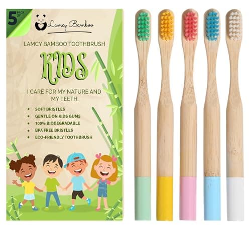 Image of Kids Bamboo Toothbrushes (5 Pack) | Organic & Biodegradable | BPA Free Soft Bristles Toothbrushes | Eco-Friendly,Natural Bamboo Toothbrush Set | Charcoal Wooden Toothbrush
