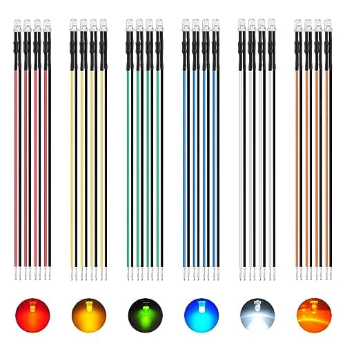 Image of AUKENIEN 60pcs 3MM 12V Clear Pre-Wired LED Lights Emitting Diodes Kit 6 Colors DC 12 Volt White Red Yellow Green Blue Orange Round Transparent LED Lighting Lamp Diode with Resistor and Wire