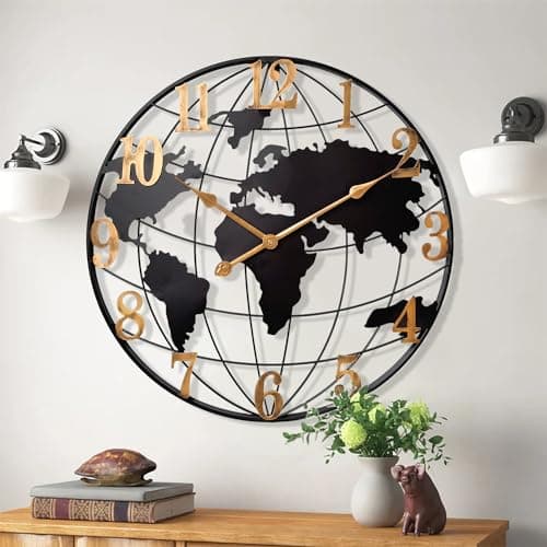 Image of Large World Map Wall Clock, Metal Minimalist Modern Clock,Round Silent Non-Ticking Battery Operated Wall Clocks for Living Room/Home/Kitchen/Bedroom/Office/Farmhouse Decor (24 Inch)