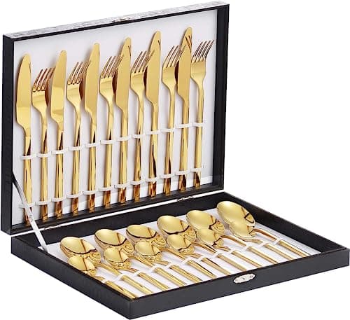 Image of Velaze 24-Piece Gold Silverware Set Cutlery Set, Stainless Steel Cutlery Set for 6 People Include Dinner Spoon, Dinner Fork, Dinner Knife and Tea Spoon, with Gifts Box