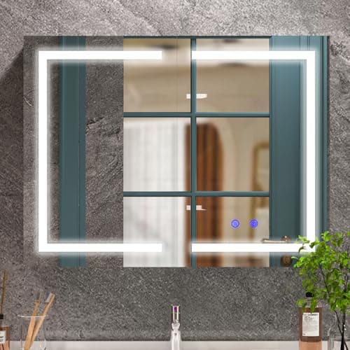 Image of BELIWIN Bathroom Wall-Mounted Mirror Cabinet with Led Lights and Shaver Socket,Upgraded Illuminated LED Bathroom Cabinets with Mirror,Demister Pad, Dimmable, 3 Colour Light, 800mm×600mm
