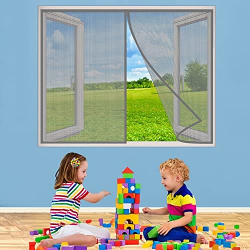 Image of Magnetic Fly Screen Window, 70x175 cm Heavy Duty Mesh Curtain Upgrade with Magnets, Widened Top Sticker, Pet and Kid Friendly, Keep Bugs Out Lets Fresh Air in, Gray P