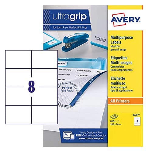 Image of Avery 3427 Printable Multipurpose Labels, All Printers, 8 Labels per A4 Sheet, Blank White a4 Printer Sticker Sheet
