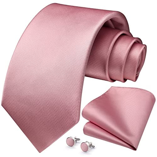 Image of HISDERN Blush Pink Ties for Men Wedding Silk Woven Necktie with Pocket Square Cufflinks Set for Prom