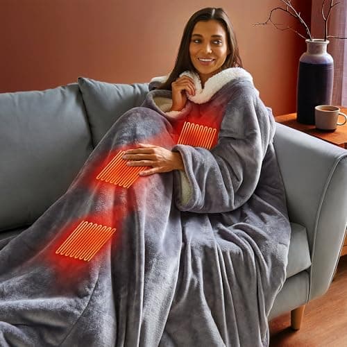 Image of Silentnight Luxury Snugsie USB Heated Wearable Blanket - Supersized with Built-In Sleeves and Foot Pocket Cosy Blanket - Sherpa Fleece Interior Top to Toe Snuggly Warmth - Machine Washable, Charcoal