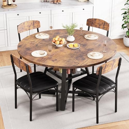 Image of Jocoevol Round Dining Table and 4 Chairs Set of 4, Circle Dinner Table with Shelves, Space Saving Wood Kitchen & Dining Room Furniture (Vintage, 42 inch)