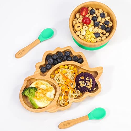 Image of Vinsani Bamboo Dinosaur Plate Bowl and Spoon Set for Baby Toddler Kids Children, Suction Plate, Stay-Put Non-Slip Base Design, Hypoallergenic, Food-grade Silicone and BPA-Free Baby Feeding Set (Green)
