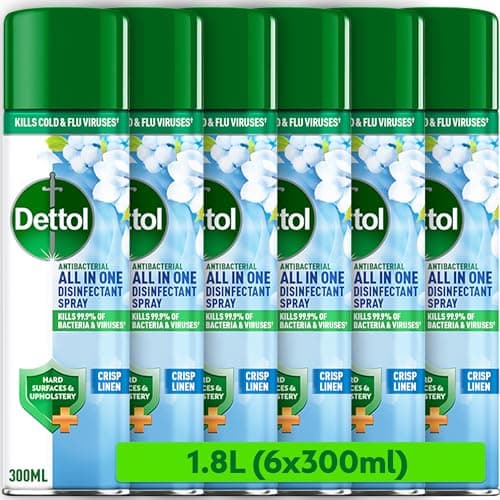 Image of Dettol, Antibacterial Spray, Crisp Linen, 1.8L (300ml x 6pck) Disinfectant, Household Sanitiser, Hard Surfaces, Upholstery cleaner, No Wiping, Kills 99.9 Percent of bacteria