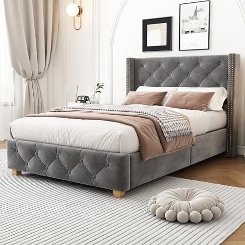 Image of BTM Upholstered Single Bed 3ft(90 * 190cm), Single Bed Frame with Headboard, Slatted Frame, Button & Rivet upholstery and Wooden Leg, Grey Velvet