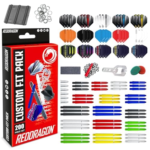 Image of RED DRAGON Darts - 200 Piece Dart Custom Fit Accessory Set- Includes Dart Flights, Shafts, Trident 180's, Flight Savers, Finger Grip Wax, Multi-tool & more - Professional Darts Accessories
