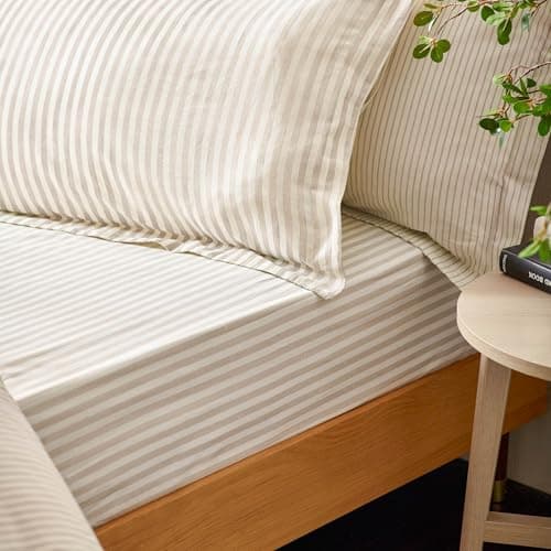 Image of Furn. Yard Hebden 100% Cotton Striped Fitted Bed Sheet – Soft Textured Mélange Design (Natural – King (U.K. Standard))