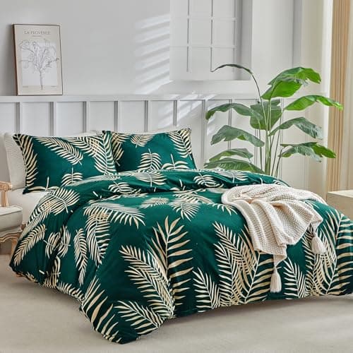 Image of Tokokimo Emerald Green King Size Duvet Cover Sets Golden Tropical Leaves Printed Bedding Sets King Size (1x Duvet Cover, 2x Pillowcases) Microfiber Green Bedding 230x220 cm, Tropical Leaf