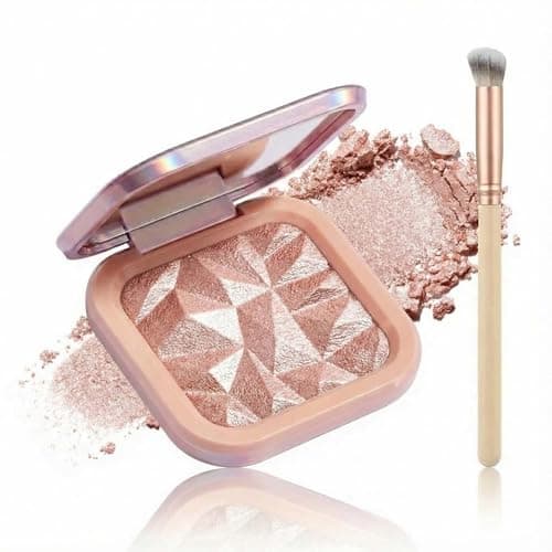 Image of Nude Pink Highlighter Powder with Brush - Silky Smooth Buildable Shimmer for a Natural Luminous Glow on Cheeks, Eyes & Brow Bones, Long-Wearing Multi-Use Compact in Rose Gold Case