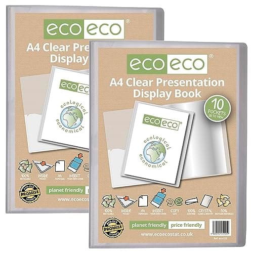 Image of eco-eco A4 Size 50 Percent Recycled 10 Pocket Clear Presentation Display Book, Storage Case Portfolio Art Folder with Plastic Sleeves, Pack of 2, eco125x2