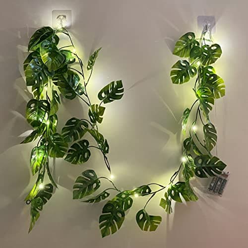 Image of Fielegen 20 LED Monstera Leaf String Lights, 6 FT Artificial Tropical Palm Leaves Greenery Vines with Lights, Summer Decoration for Hawaiian Jungle Safari Luau Party BBQ Beach Birthday Theme Decor
