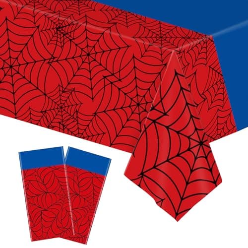 Image of YAAVAAW 2Pcs Spider Party Table Cloth for Boys,137 * 274cm Large Blue Red Spiders Web Tablecloths,Plastic Spider Table Cover Party for Baby Shower Kids Boys Birthday Spider Themed Party Decorations