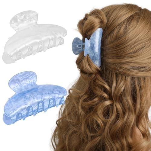 Image of Shimmeroo 2PCS Hair Claw Clips, Elegant Big French Claw Clips Cute Exquisite Barrettes Hair Accessories for Women Updos Buns Ponytails(1 White, 1 Blue)