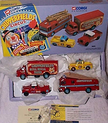 Image of Corgi classic chipperfields land rover morris minor pickup thames trader and AEC fire engine 4 piece set 1.50 scale limited edition diecast model