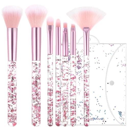 Image of AOZUO 7 Pcs Makeup Brushes for Women, Cute Pink Makeup Brushes Crystal Sparkles Fan Blush Foundation Powder Lip Highlight Eye Shadow Eyebrow Brush Set With Sequins Handle Professional for Girl(Pink)