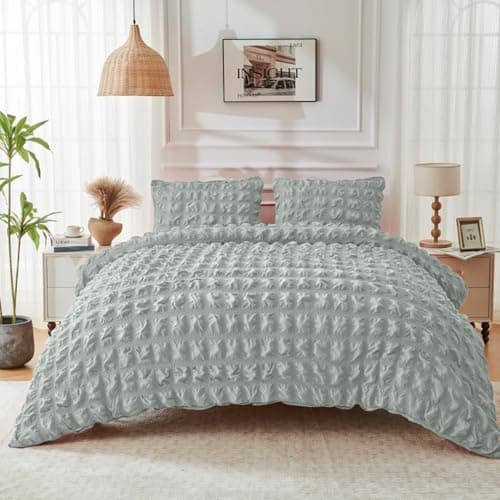 Image of Lions Seersucker Bedding - Double Duvet Cover with Matching Pillowcase, 100% Polyester Soft Micorfibre Quilt Covers, Button Closure, 3 Piece Bed Linen Sets, Grey Silver, 200x200cm
