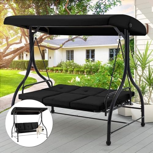 Image of UNIONLINE 3 Seater Garden Swing Seat Bed, Convertible Outdoor Hammock Bench Chair with Adjustable Canopy & Cushion, Steel Frame Porch Swing Chair Lounger for For Garden/Balcony/Terrace/Patio(Black)