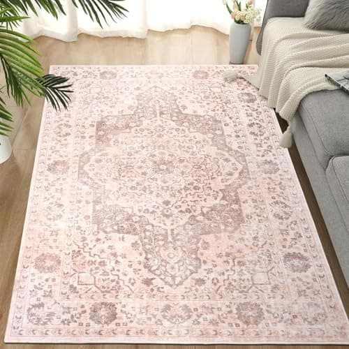 Image of TUKDAK Vintage Area Rug for Living Room 120x180cm, Pink Boho Machine Washable Rugs for Bedroom, Soft Short Pile Non Slip Classic Carpet for Dining Room Office Kitchen Nursery